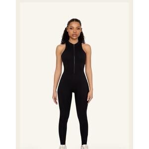 Black Bodysuit Romper Stretch Size Small No Sleeves Open Back Zip Up.